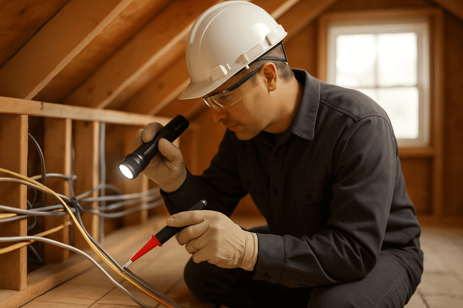 Electrician inspecting old home wiring in attic