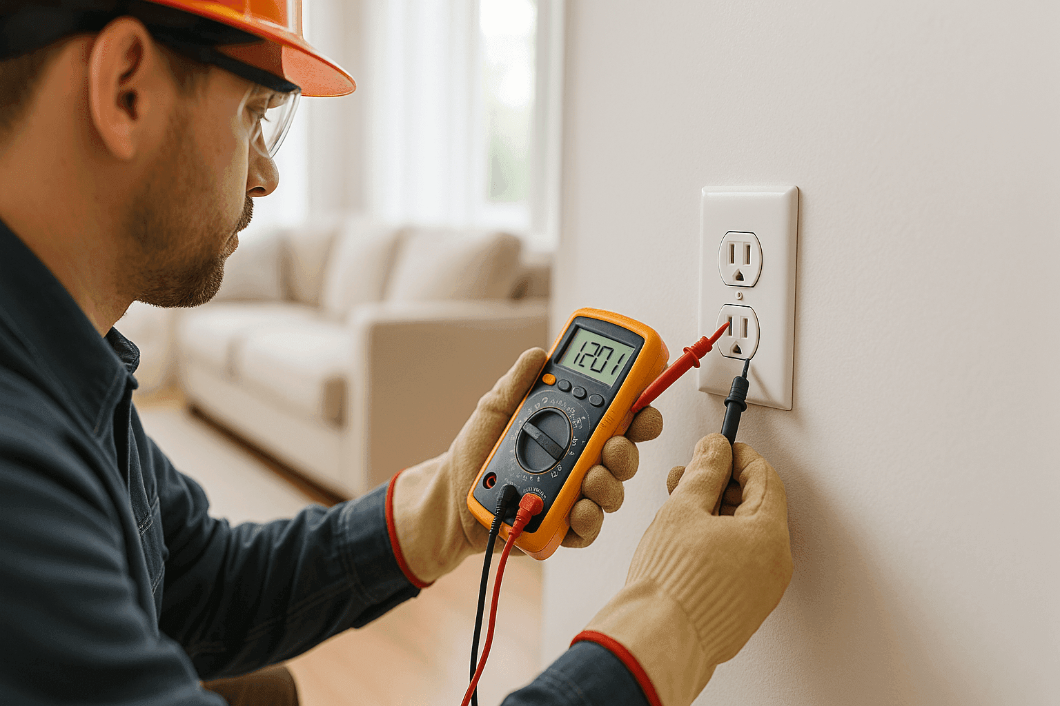 Electrician testing home outlet with safety equipment