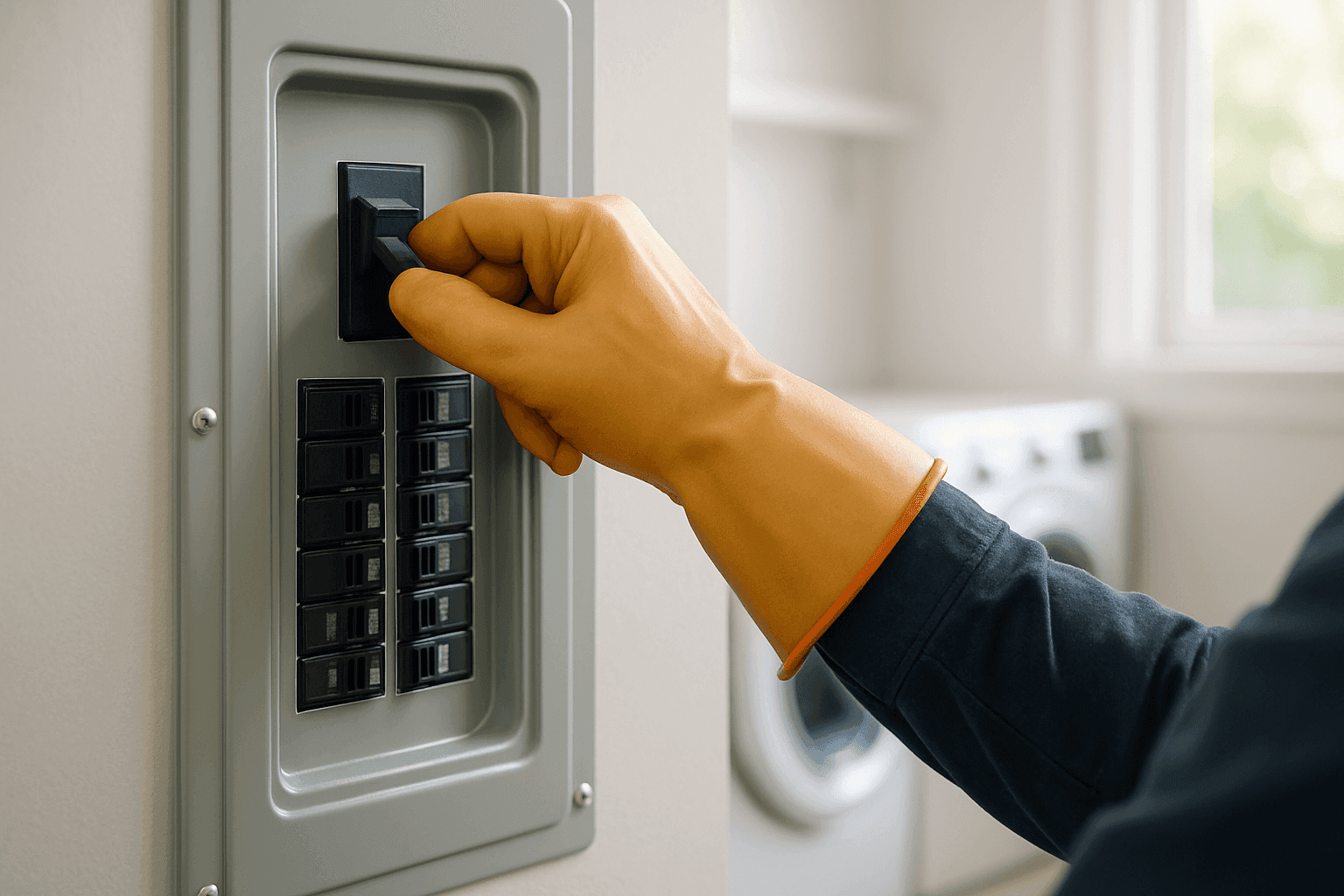 Homeowner safely turning off main electrical breaker during emergency