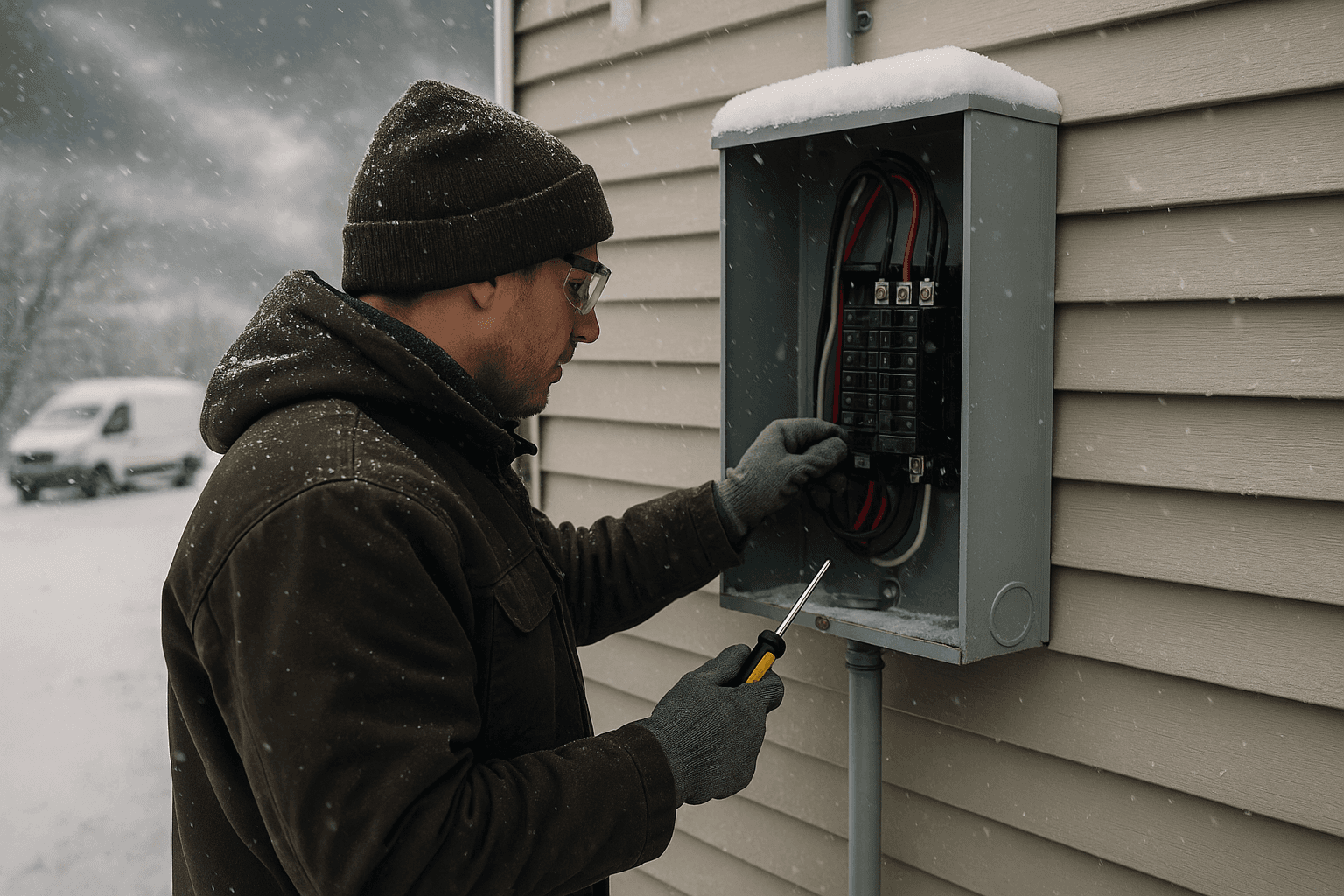 Homeowner checking electrical panel outdoors in winter storm conditions